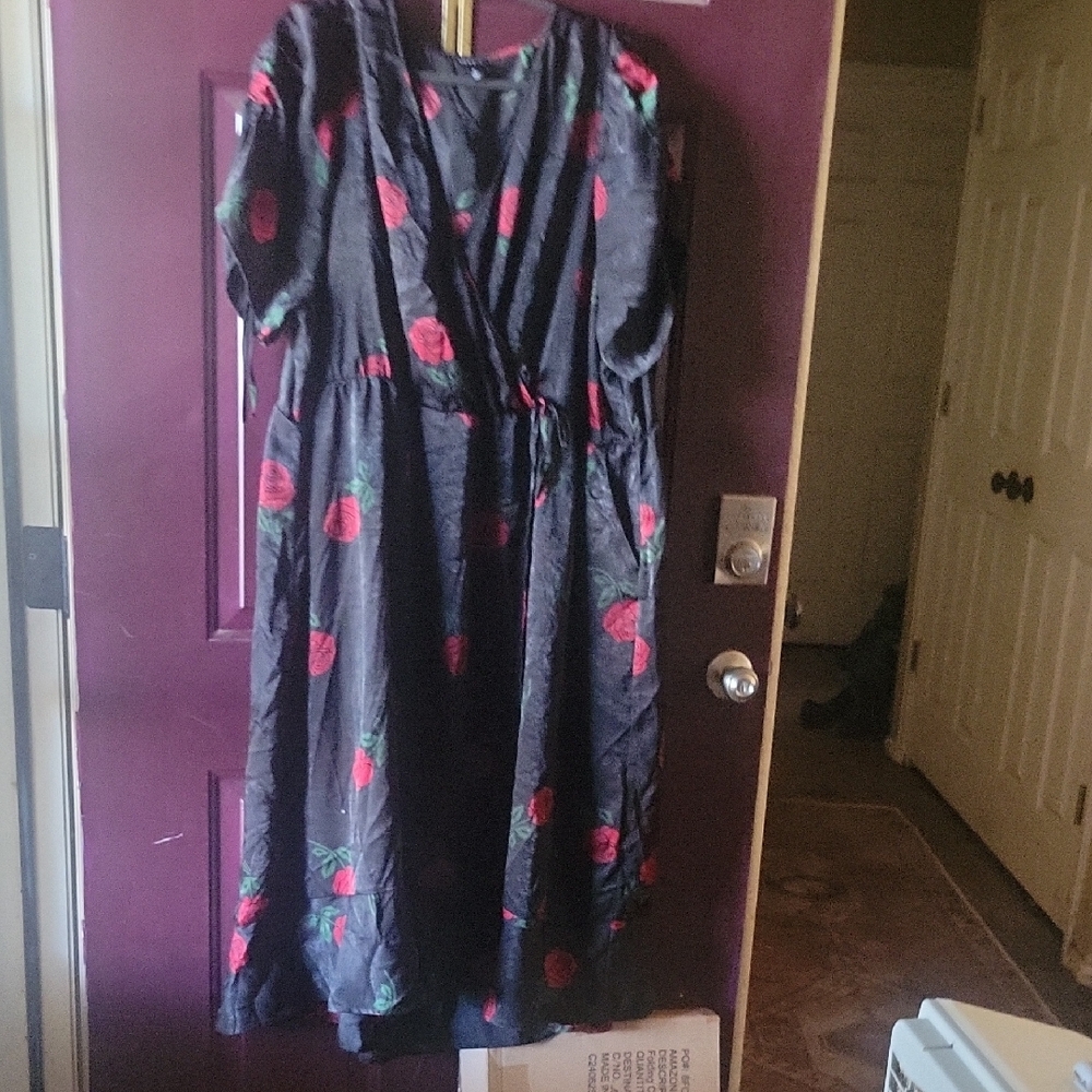 Torrid Black Dress with Red and Green Floral Pattern